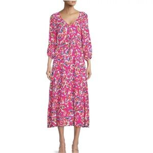 Pink Print Maxi Tiered 3/4 length sleeves Dress Medium